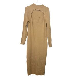 The Drop Mock Neck Rib Cutout Bodycon Long Sleeve Midi Sweater Dress Tan Large